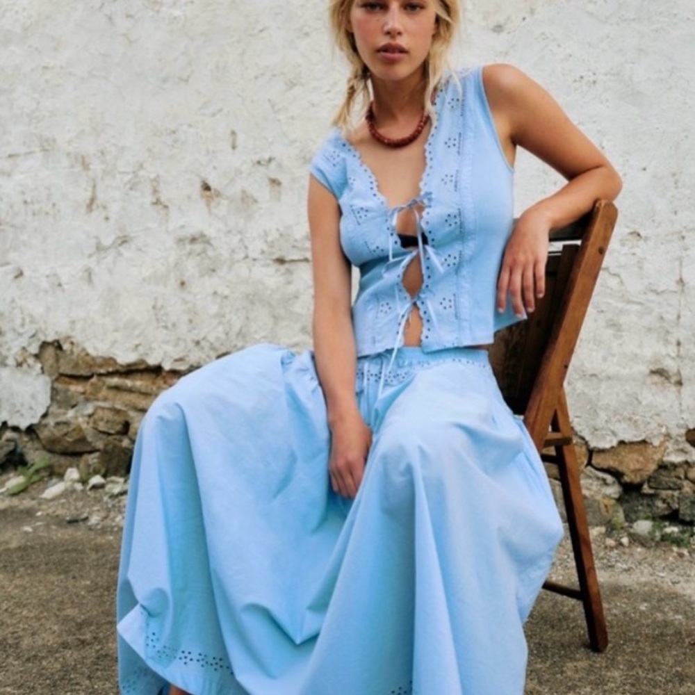 Free People Gesibelle Open Air Blue Women’s Tiered Midi Skirt